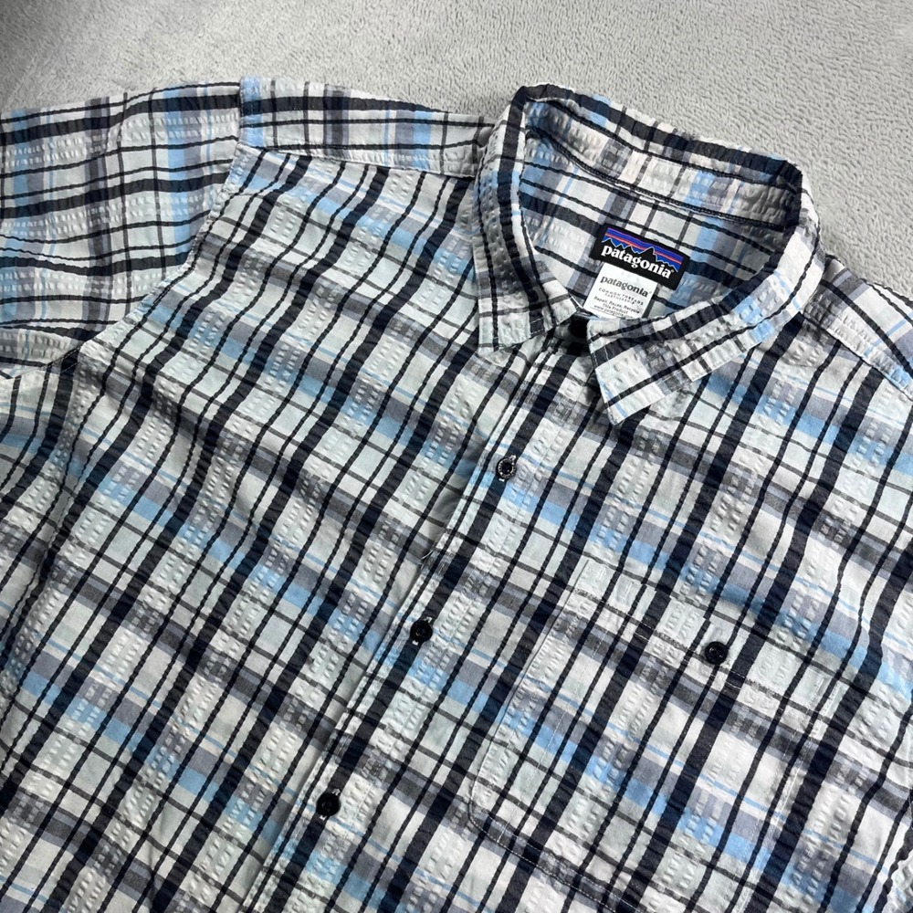 Patagonia Mens Puckerware Short Sleeve Plaid Shirt XXL Blue White 53004